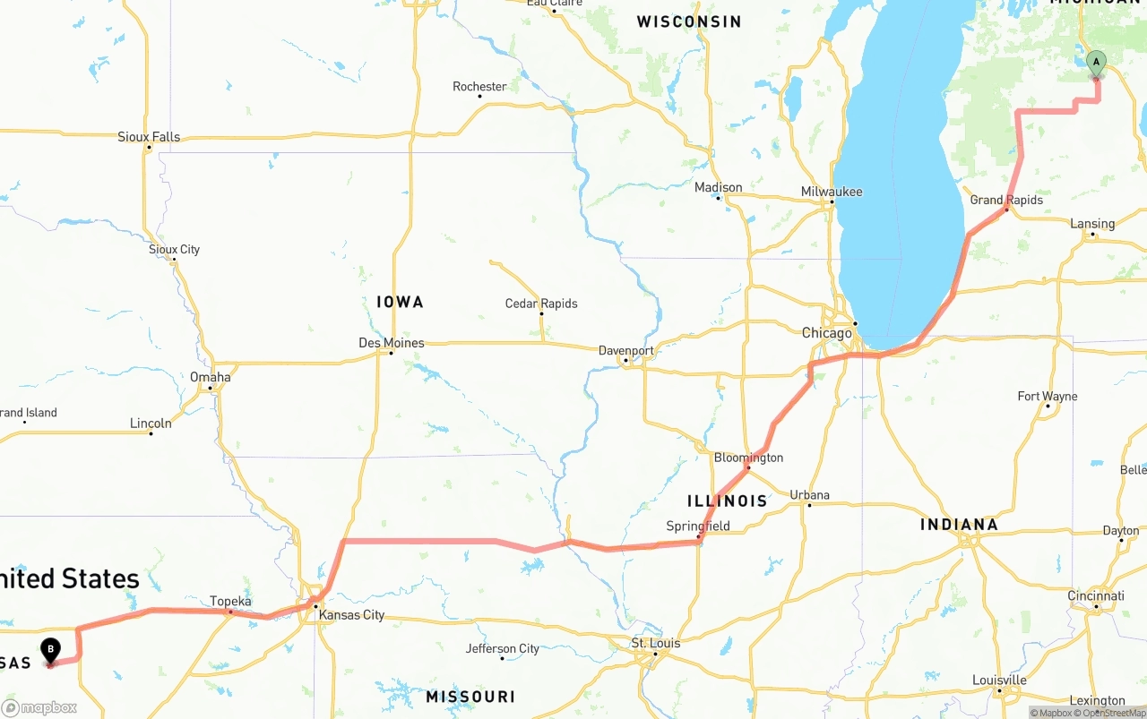Shipping route from Michigan to Kansas