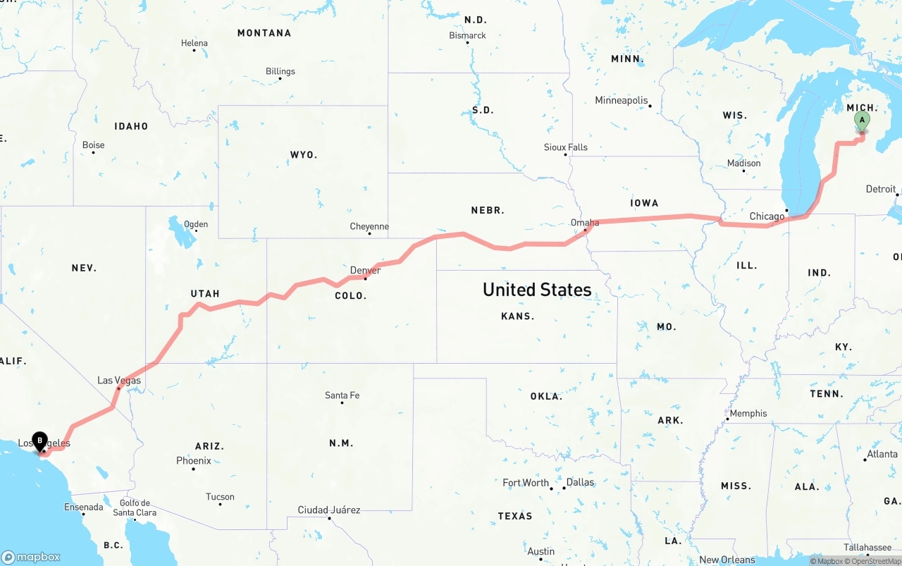 Shipping route from Michigan to Los Angeles International Airport