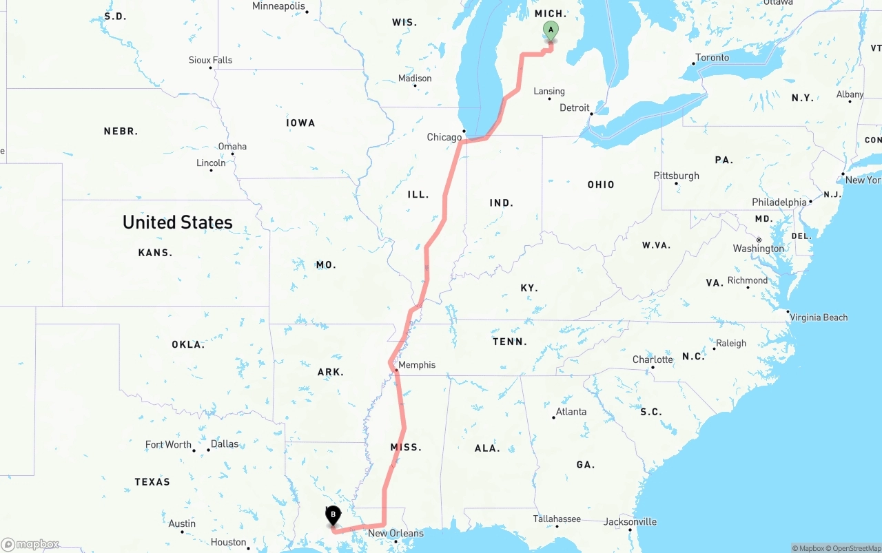Shipping route from Michigan to Louisiana