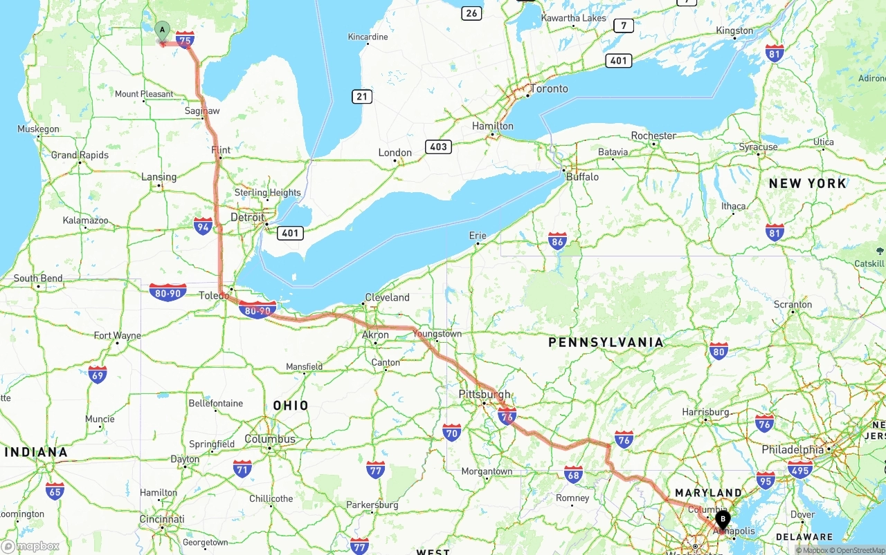 Shipping route from Michigan to Maryland