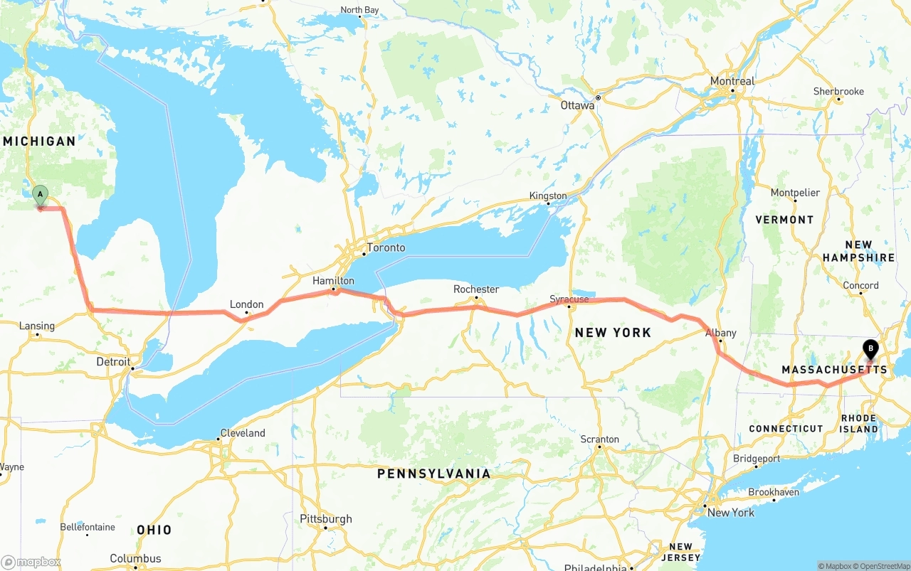 Shipping route from Michigan to Massachusetts