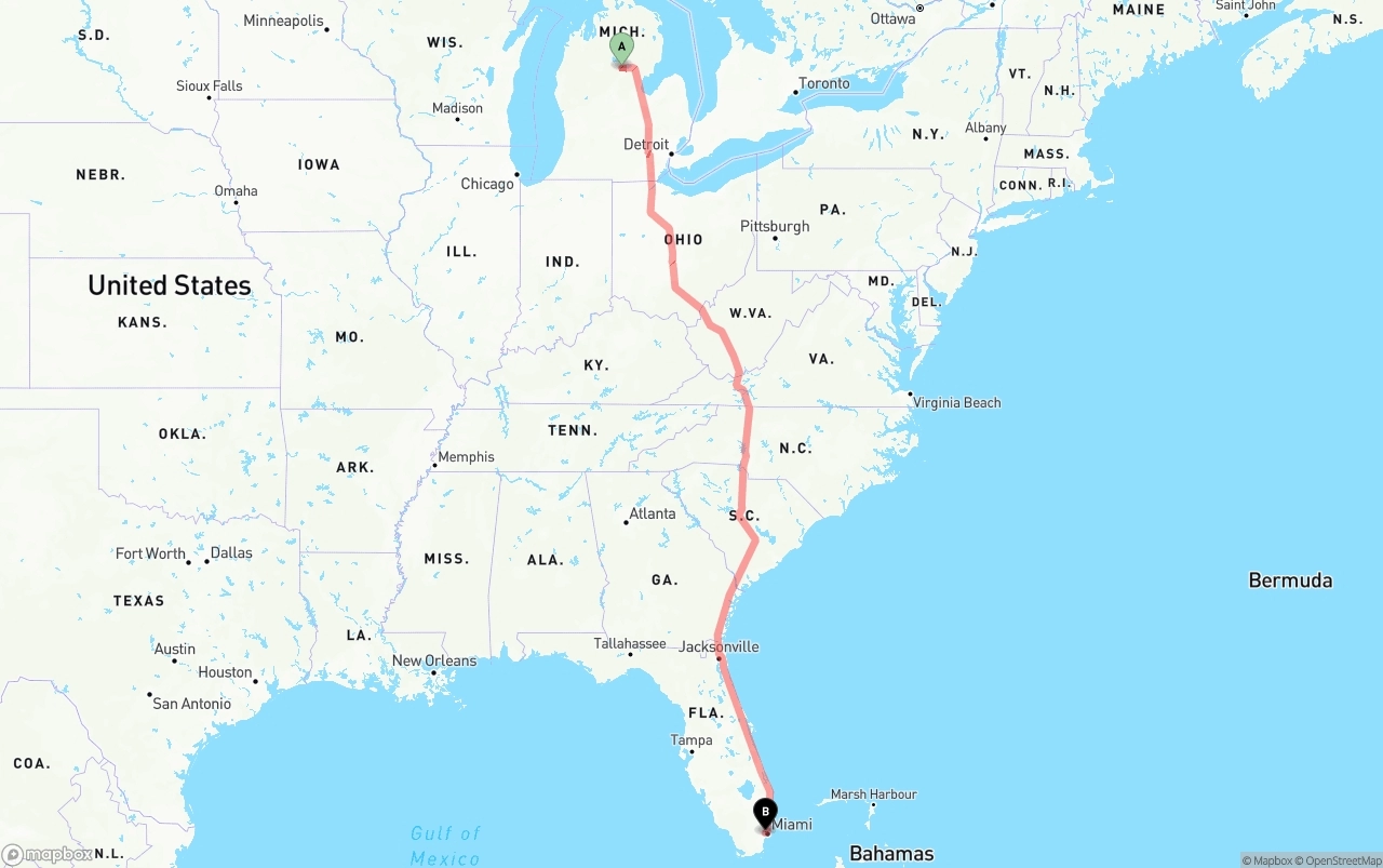 Shipping route from Michigan to Miami International Airport