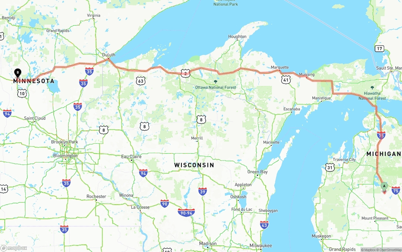 Shipping route from Michigan to Minnesota
