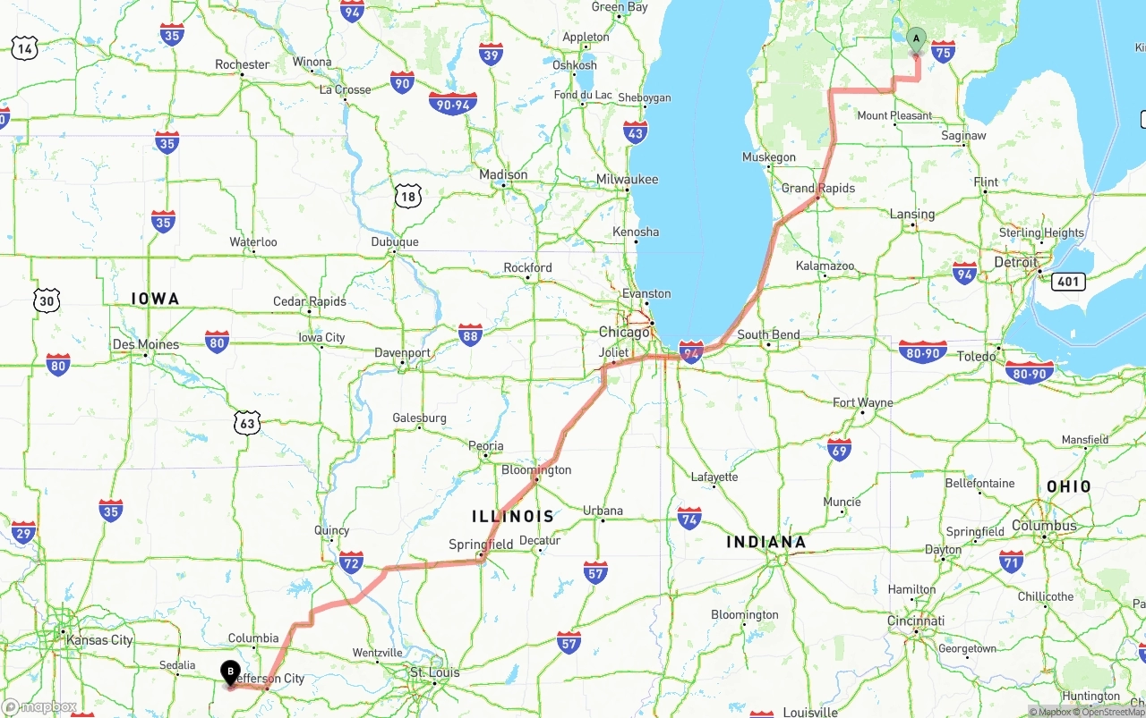 Shipping route from Michigan to Missouri