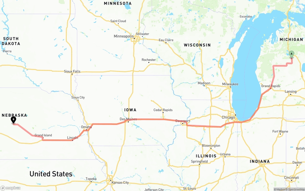 Shipping route from Michigan to Nebraska