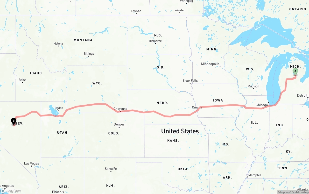 Shipping route from Michigan to Nevada