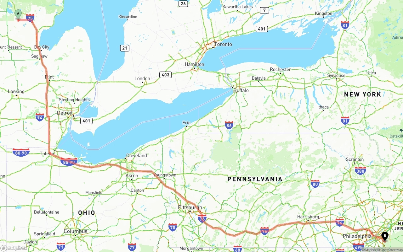 Shipping route from Michigan to New Jersey