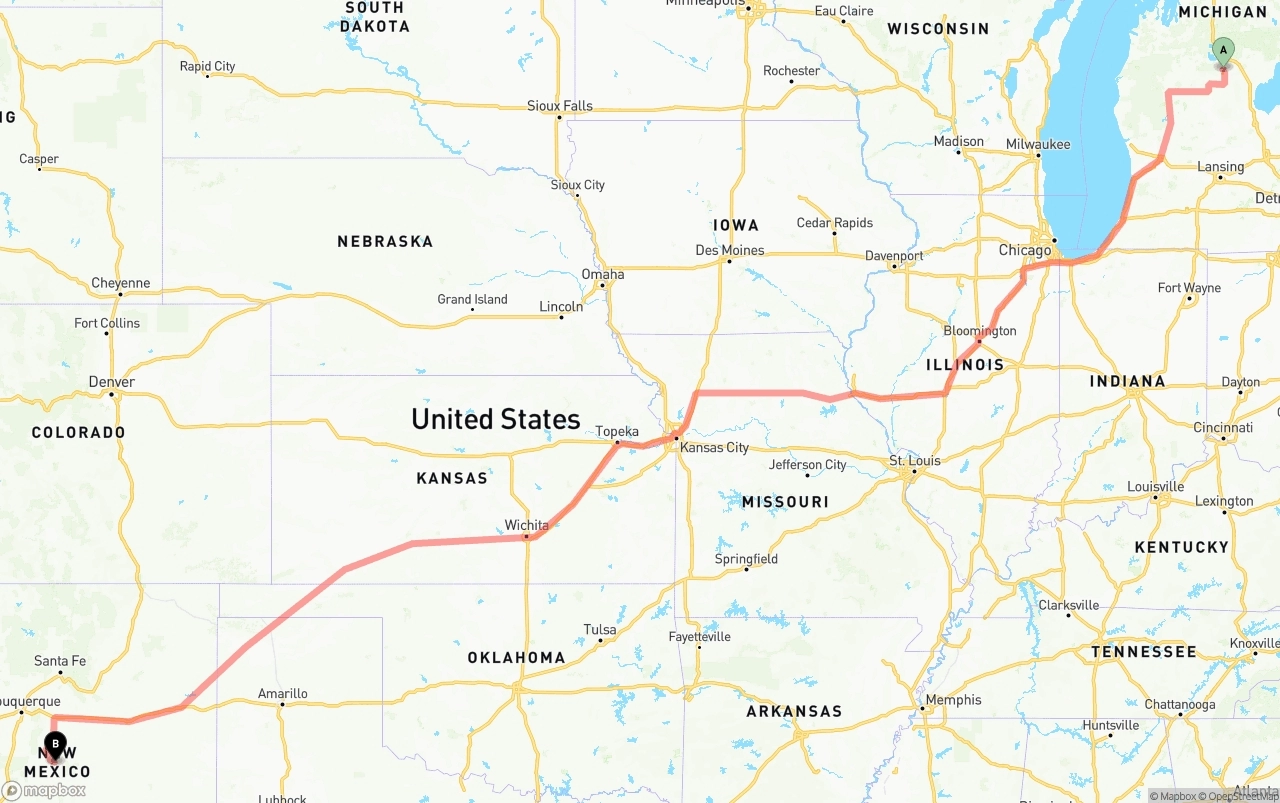 Shipping route from Michigan to New Mexico