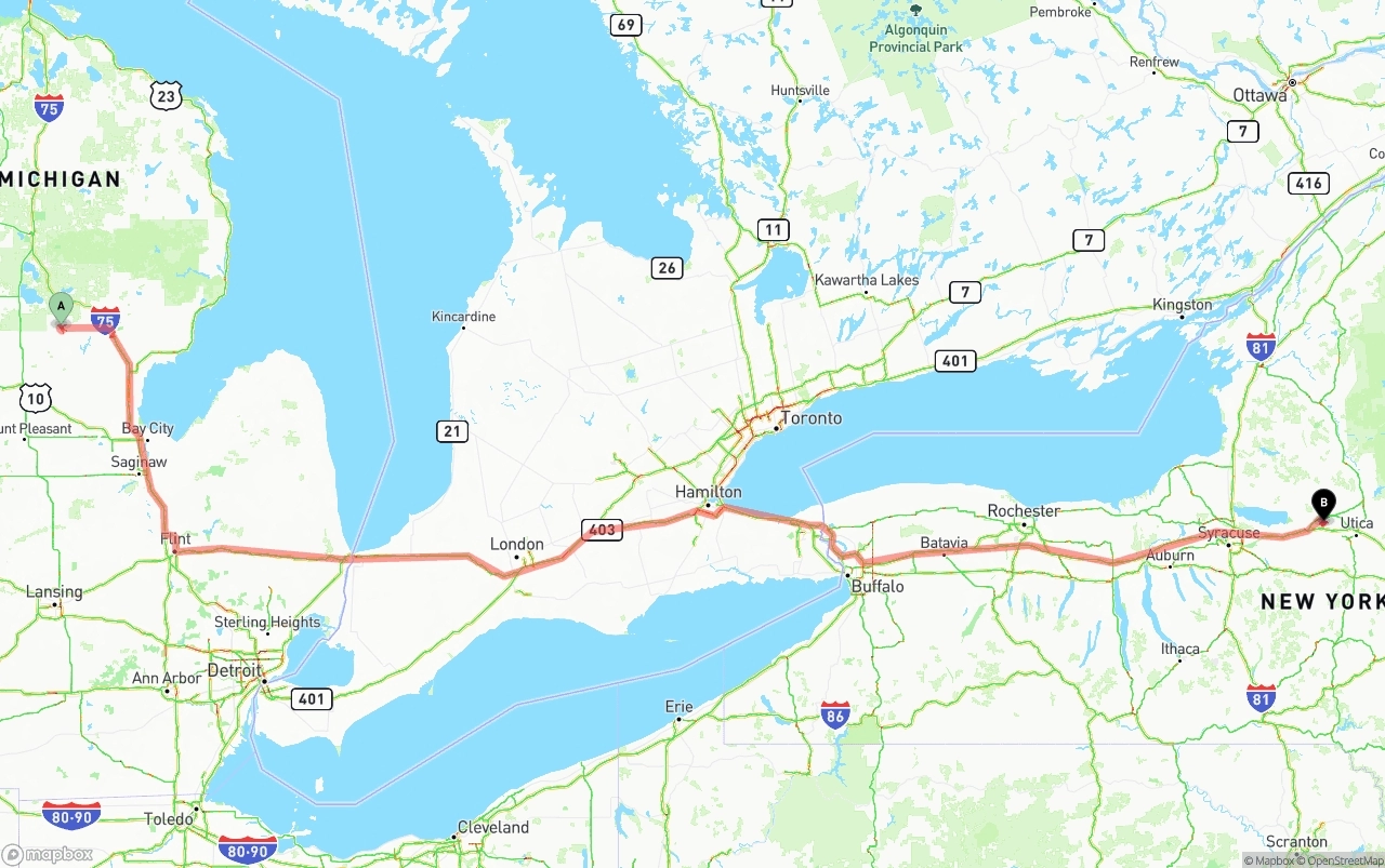 Shipping route from Michigan to New York