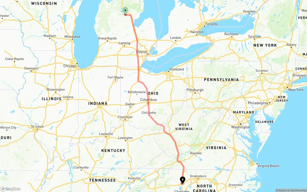 Shipping route from Michigan to North Carolina