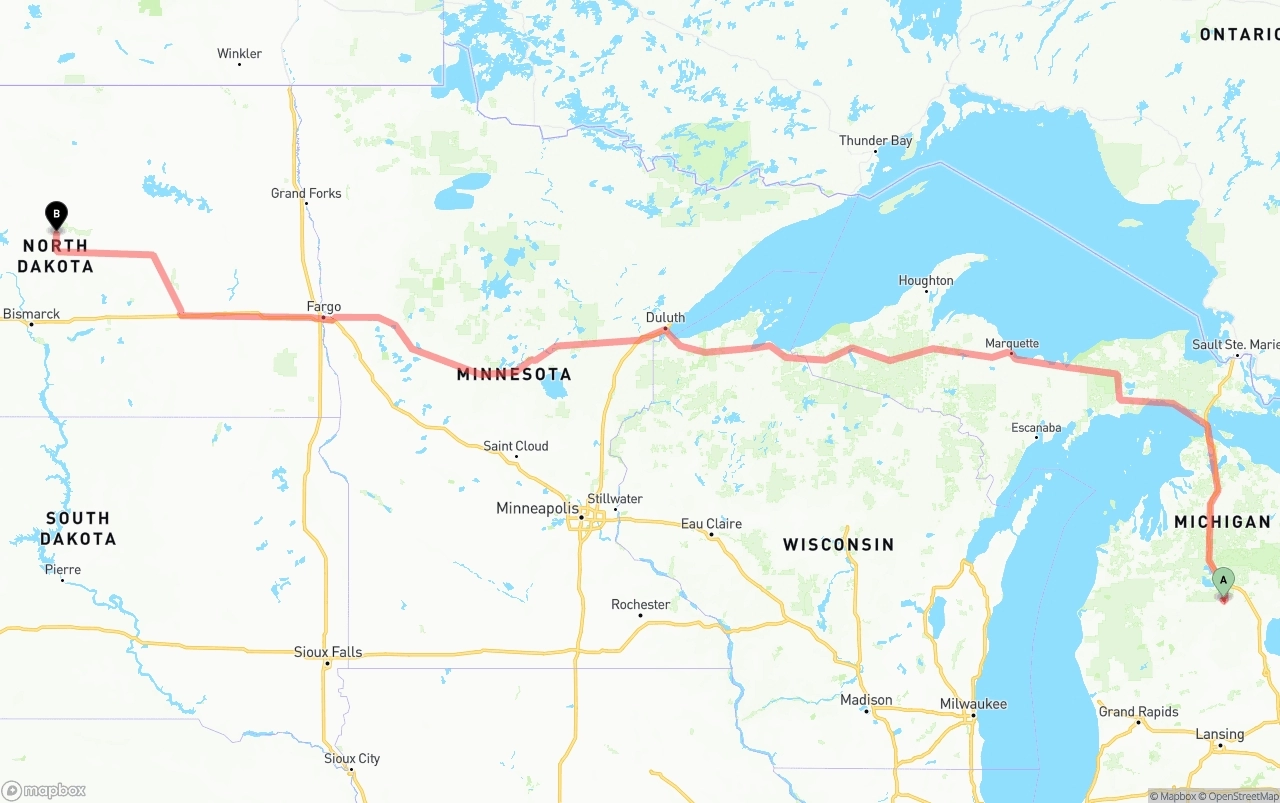 Shipping route from Michigan to North Dakota