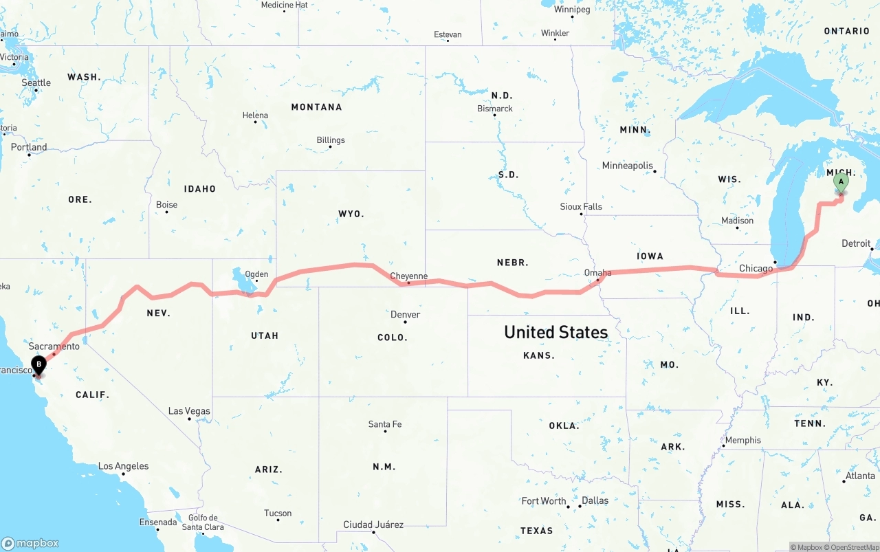 Shipping route from Michigan to Oakland International Airport