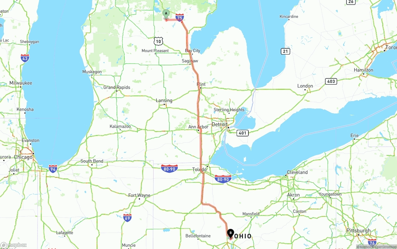 Shipping route from Michigan to Ohio