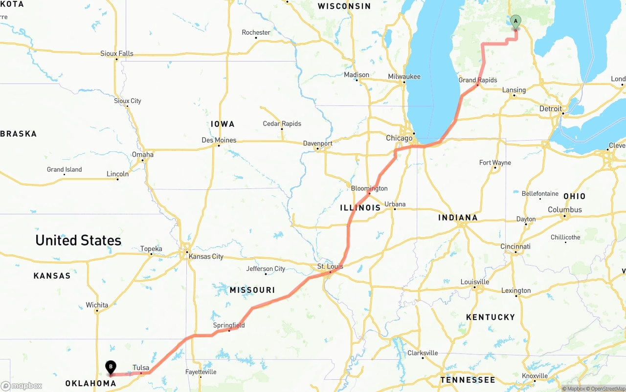 Shipping route from Michigan to Oklahoma