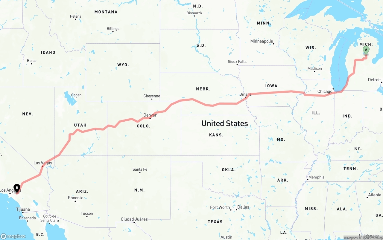 Shipping route from Michigan to Ontario International Airport