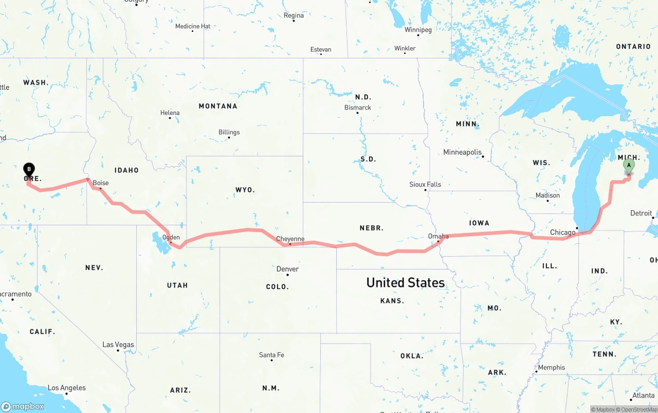 Shipping route from Michigan to Oregon