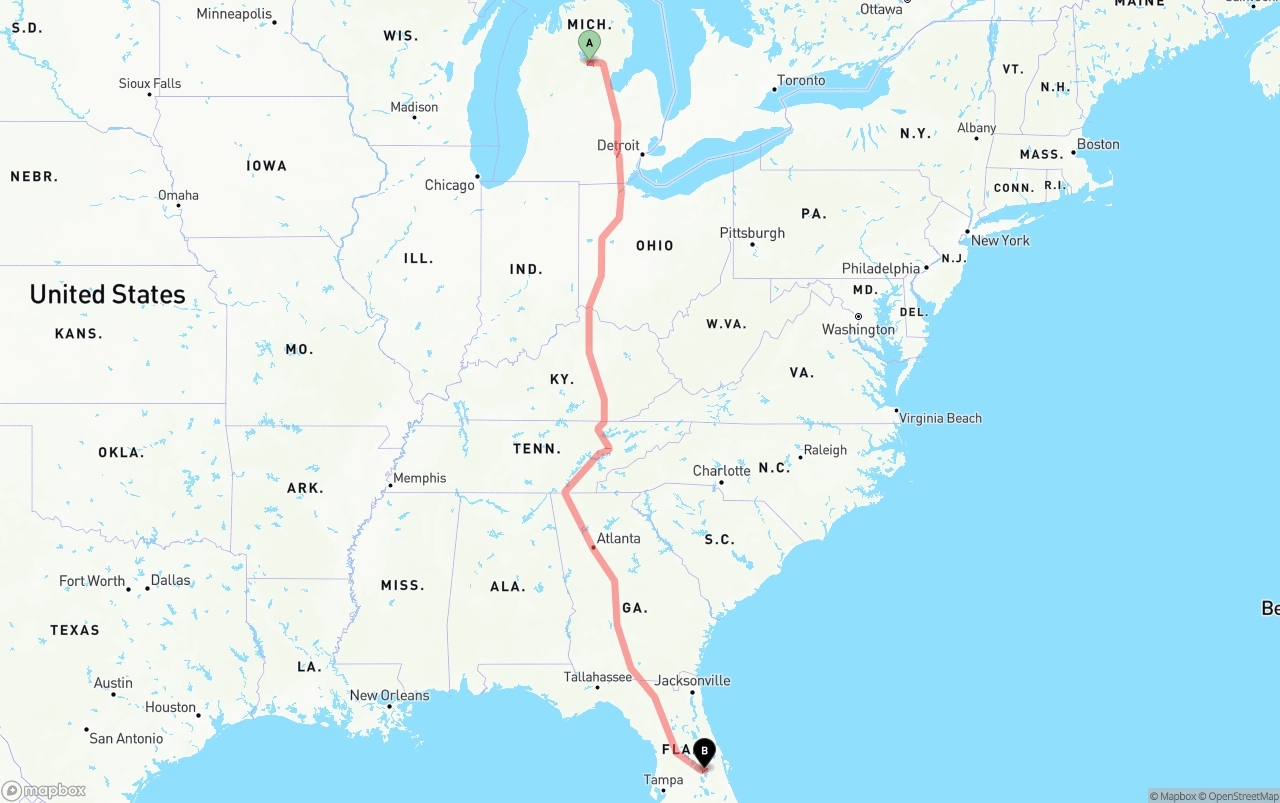 Shipping route from Michigan to Orlando International Airport