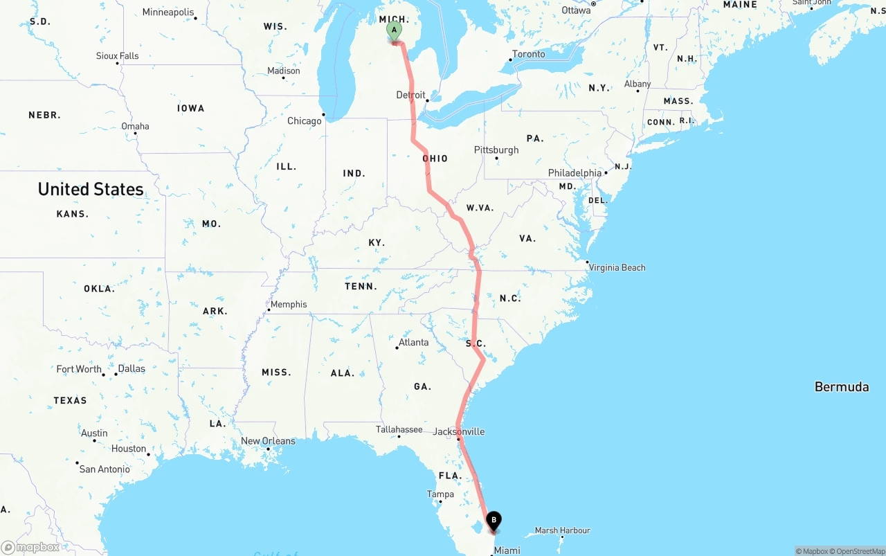Shipping route from Michigan to Palm Beach International Airport