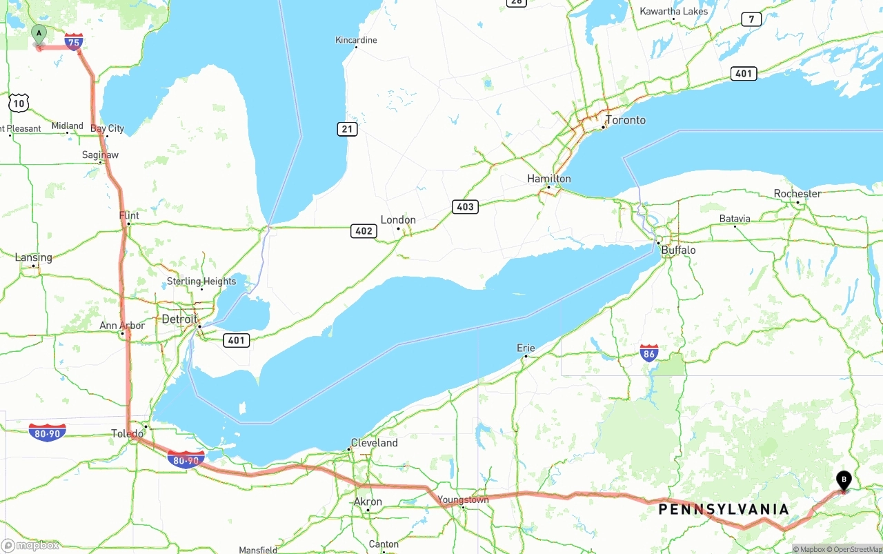 Shipping route from Michigan to Pennsylvania