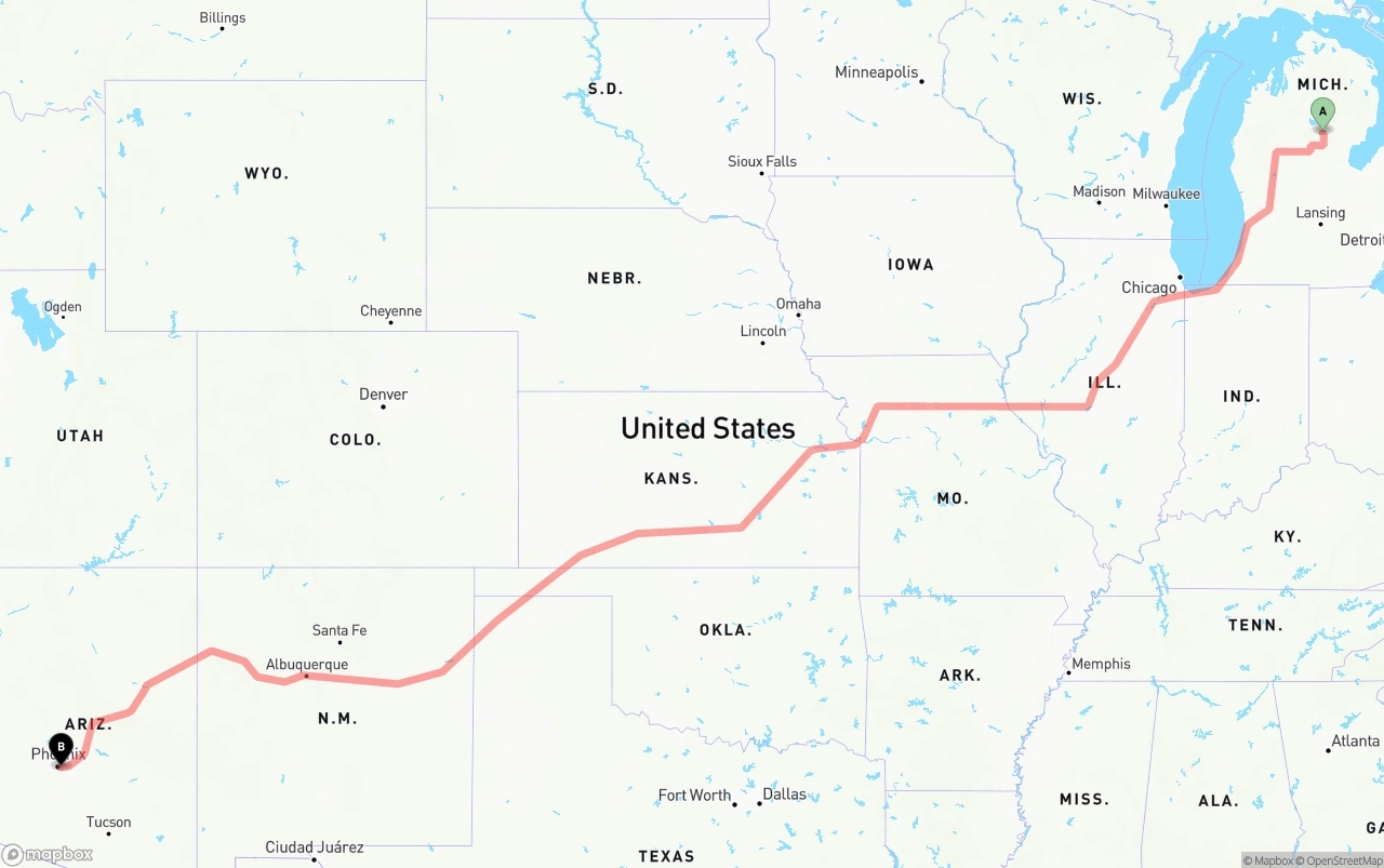 Shipping route from Michigan to Phoenix Sky Harbor International Airport