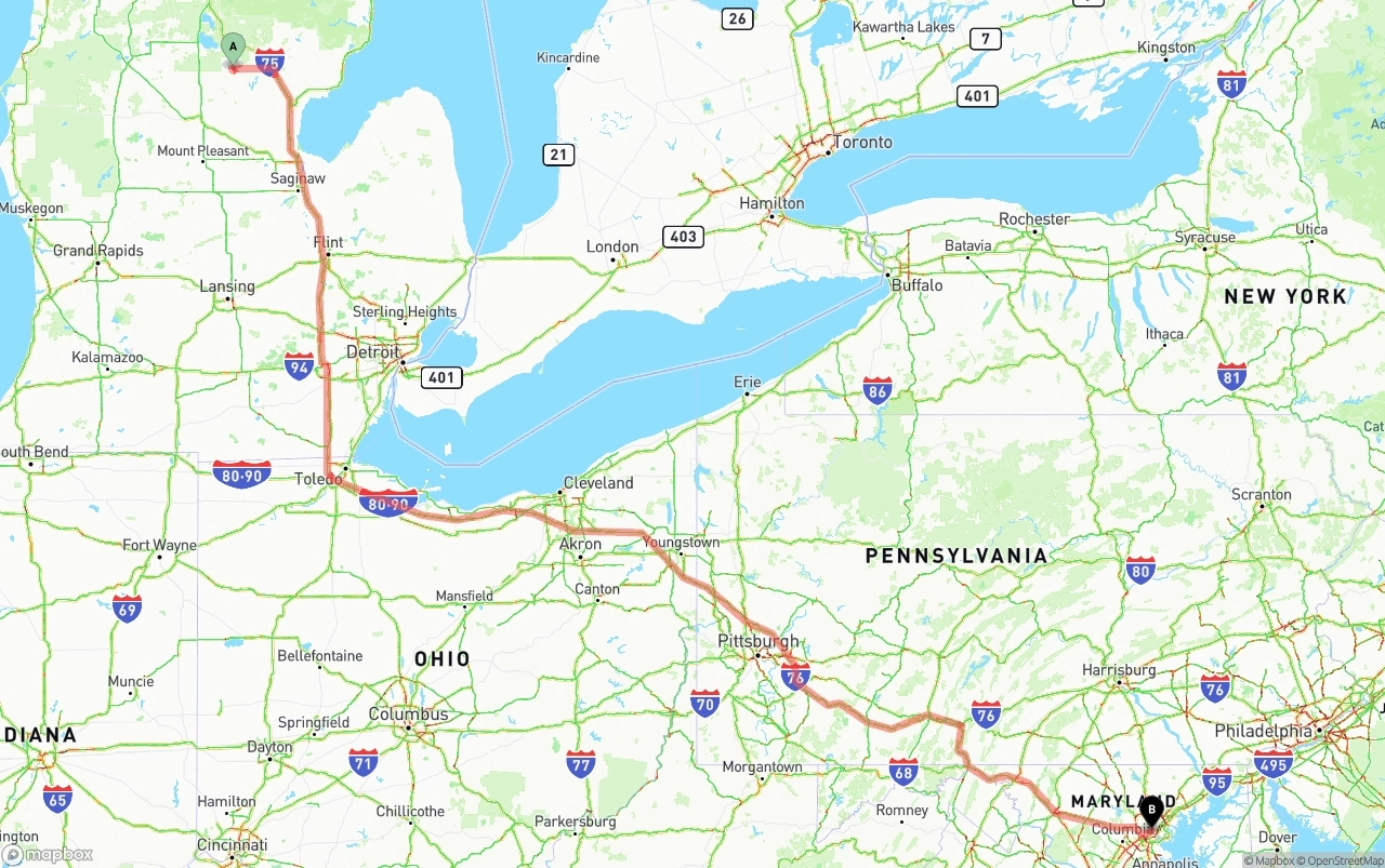 Shipping route from Michigan to Port of Baltimore