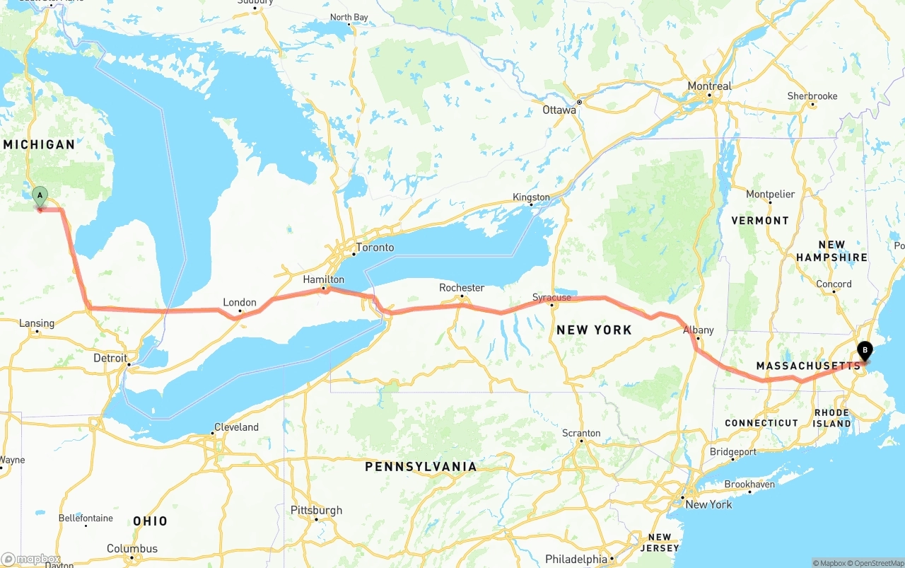 Shipping route from Michigan to Port of Boston
