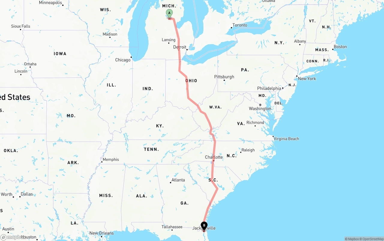 Shipping route from Michigan to Port of Jacksonville