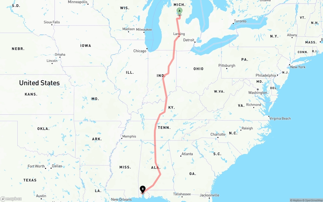 Shipping route from Michigan to Port of Mobile