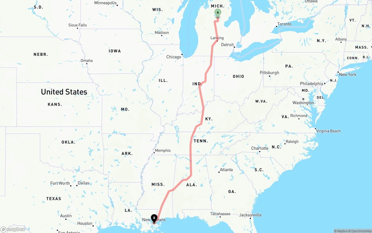 Shipping route from Michigan to Port of New Orleans