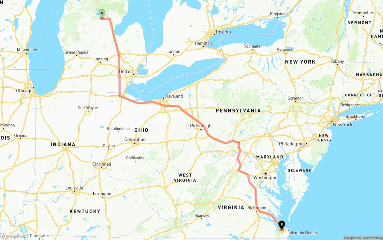 Shipping route from Michigan to Port of Norfolk