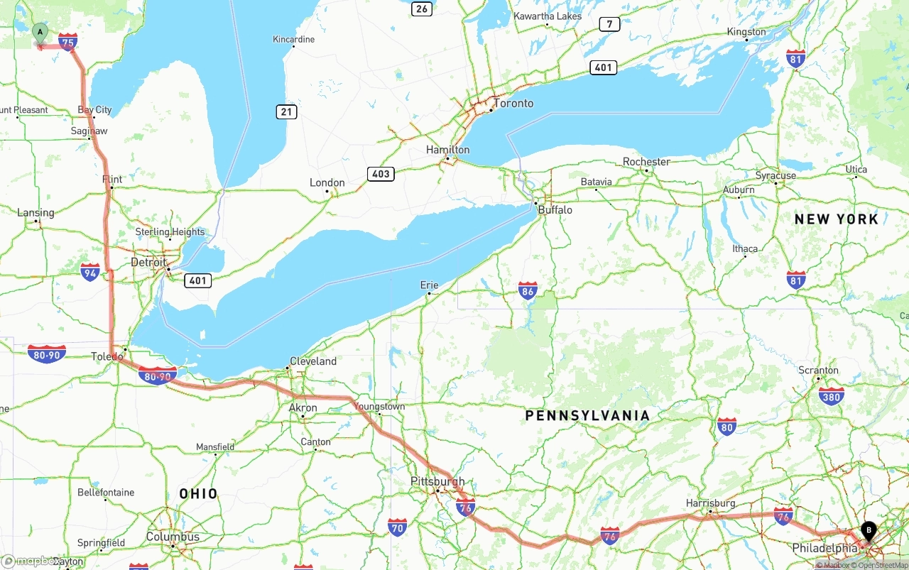 Shipping route from Michigan to Port of Philadelphia