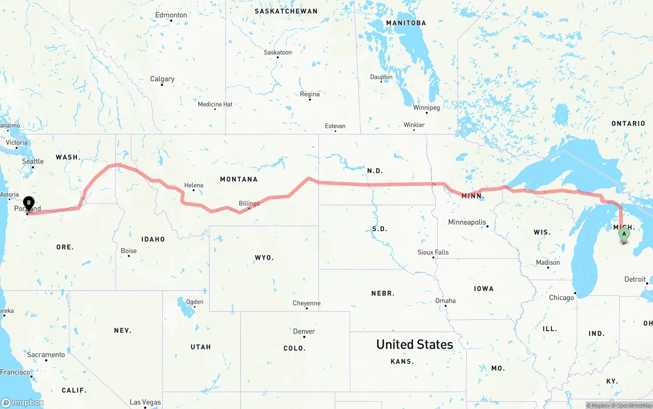 Shipping route from Michigan to Port of Portland