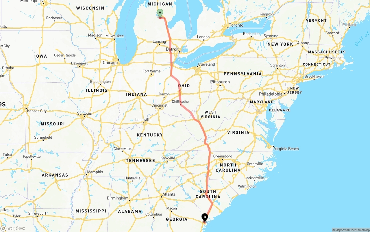 Shipping route from Michigan to Port of Savannah