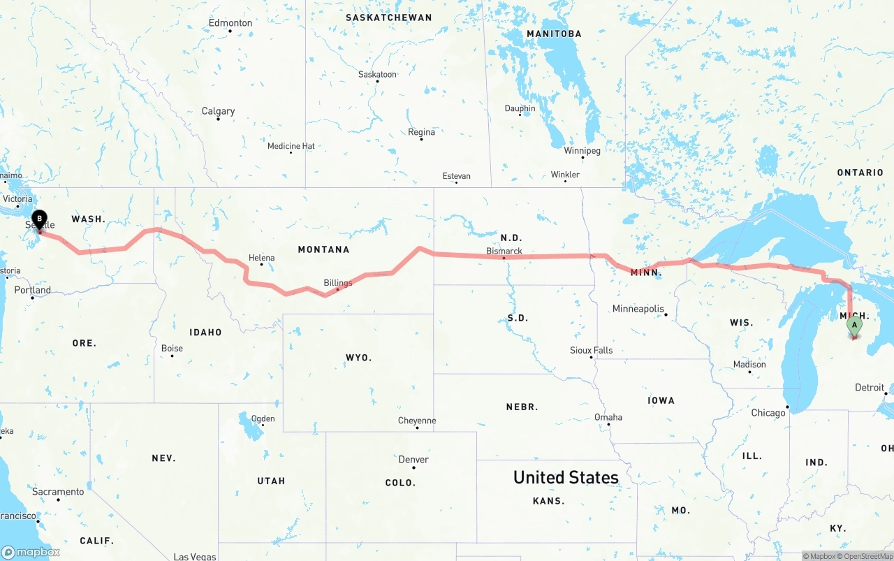Shipping route from Michigan to Port of Seattle