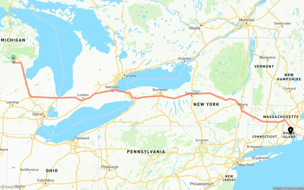 Shipping route from Michigan to Rhode Island