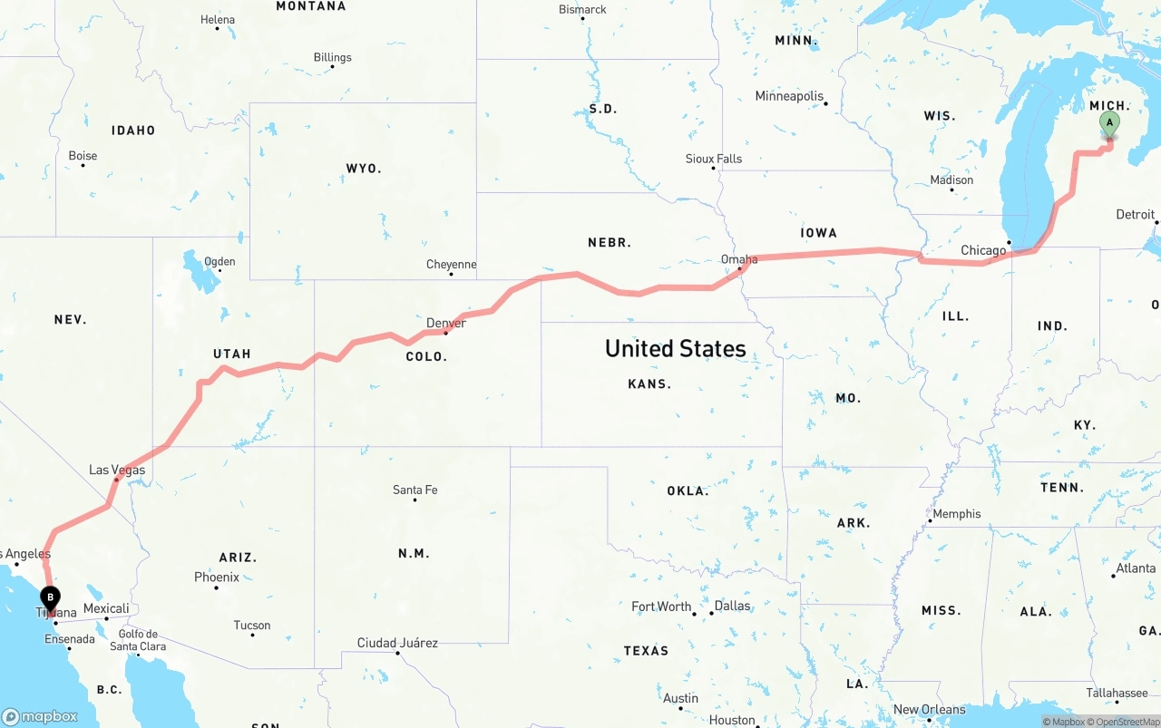 Shipping route from Michigan to San Diego International Airport