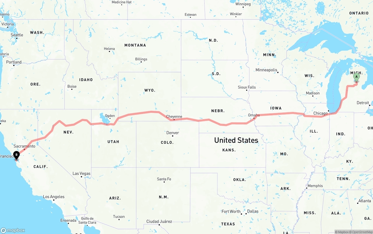 Shipping route from Michigan to San Francisco International Airport