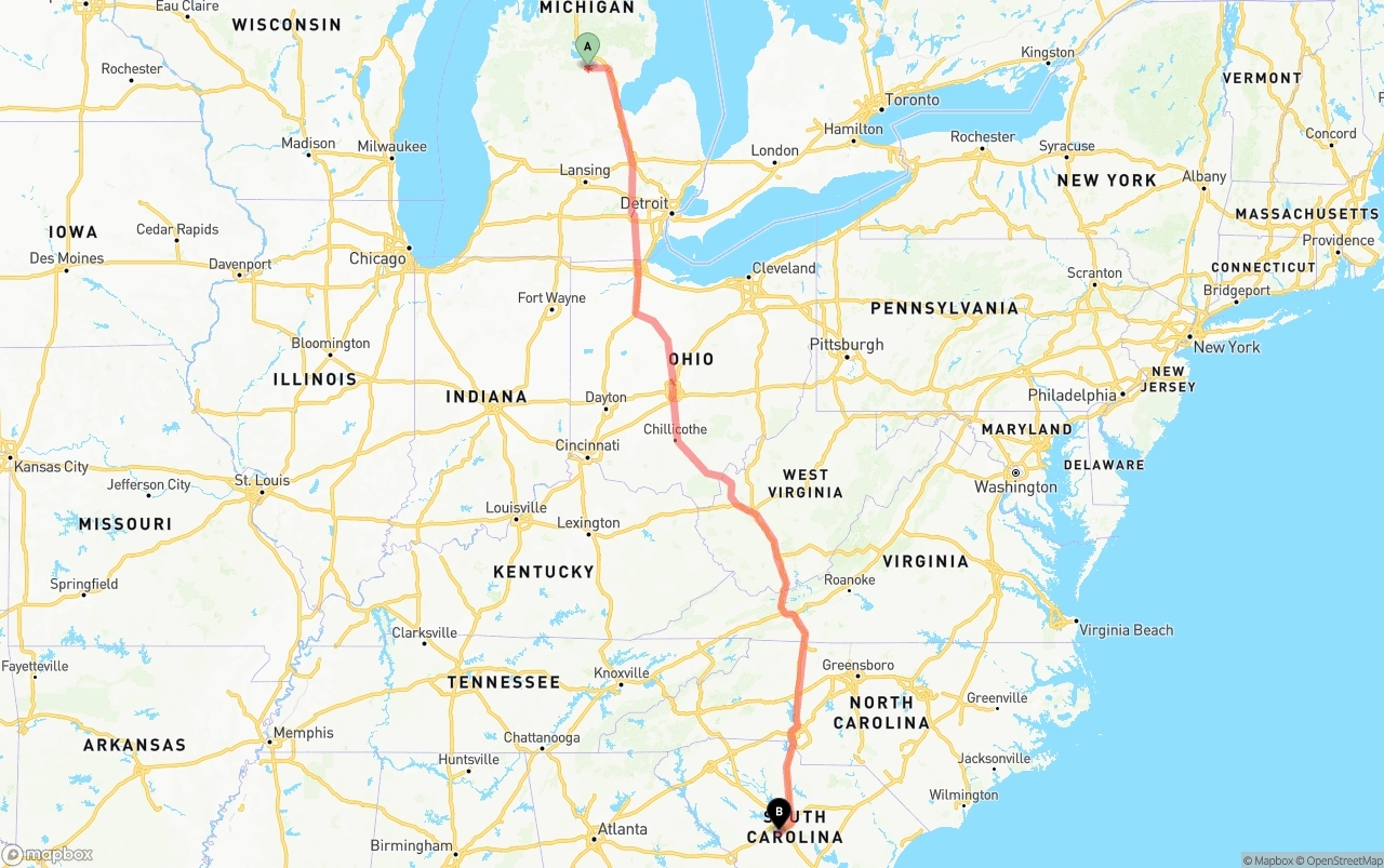 Shipping route from Michigan to South Carolina