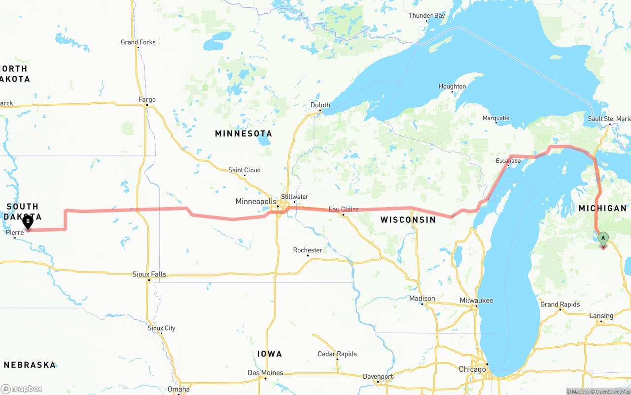 Shipping route from Michigan to South Dakota