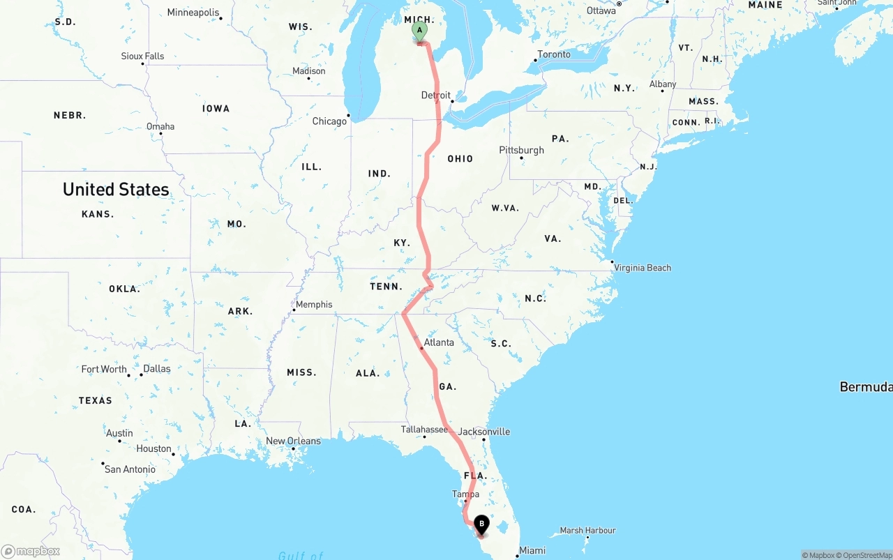 Shipping route from Michigan to Southwest Florida International Airport