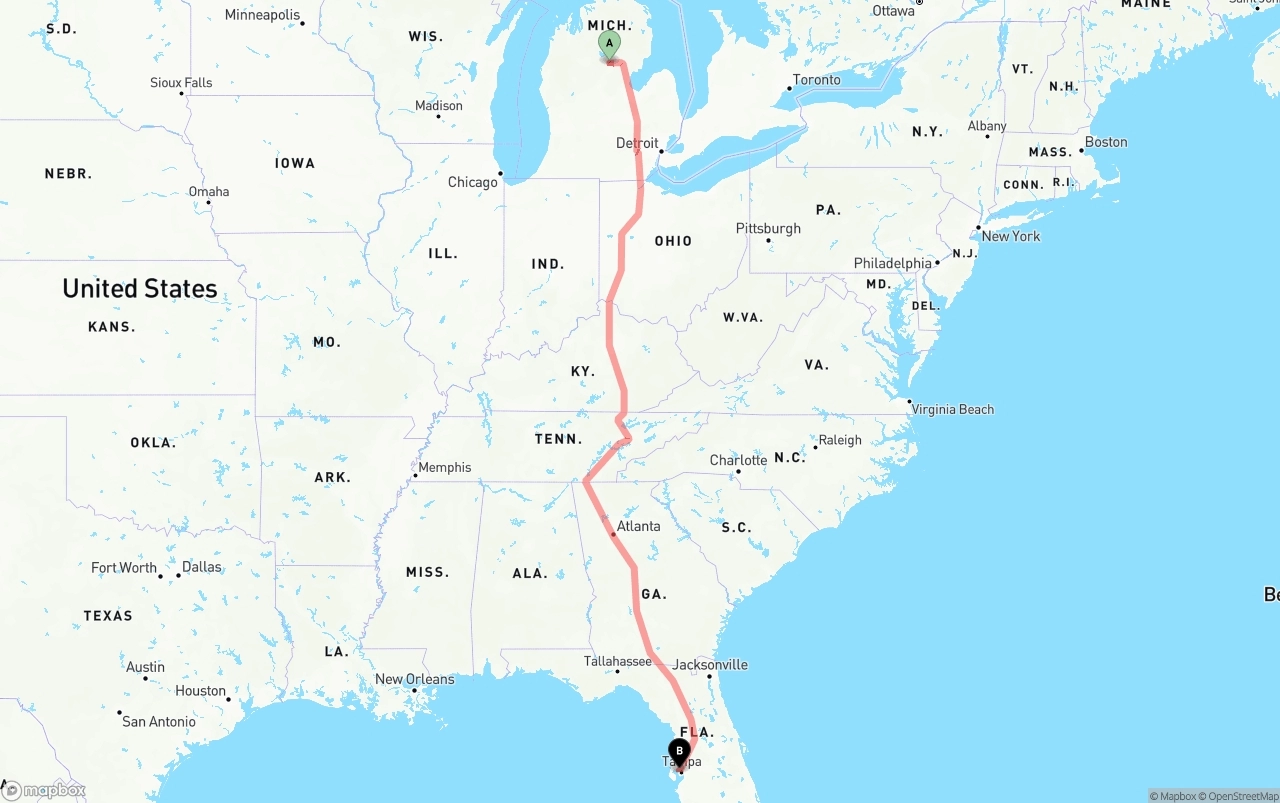 Shipping route from Michigan to Tampa International Airport