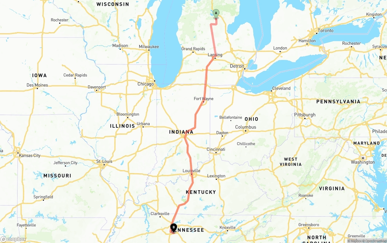 Shipping route from Michigan to Tennessee