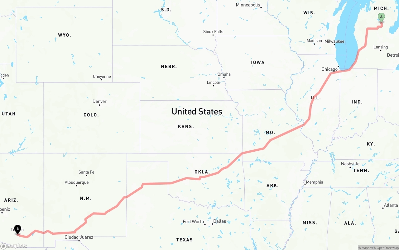 Shipping route from Michigan to Tucson International Airport