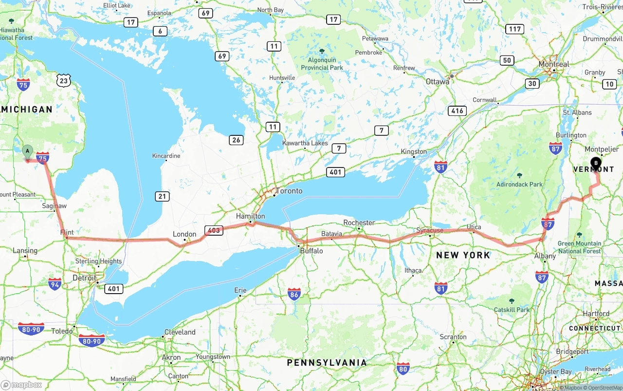 Shipping route from Michigan to Vermont