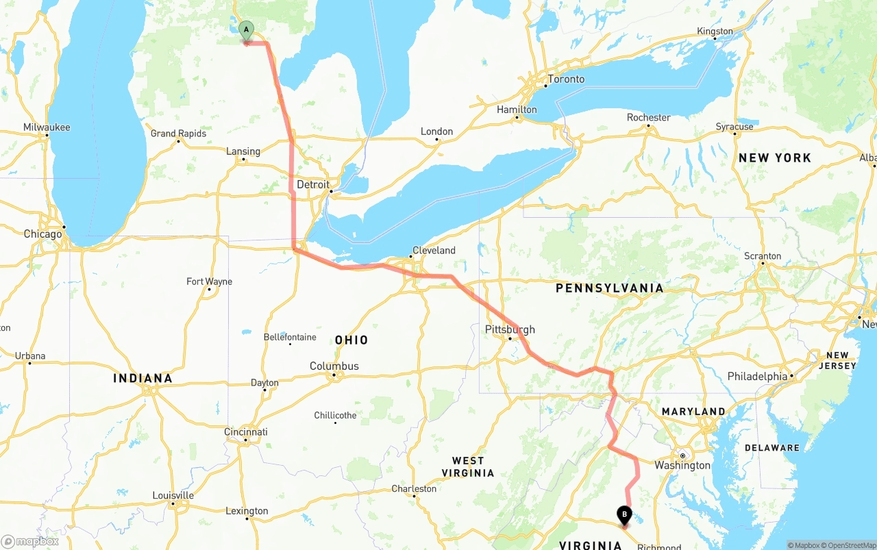 Shipping route from Michigan to Virginia