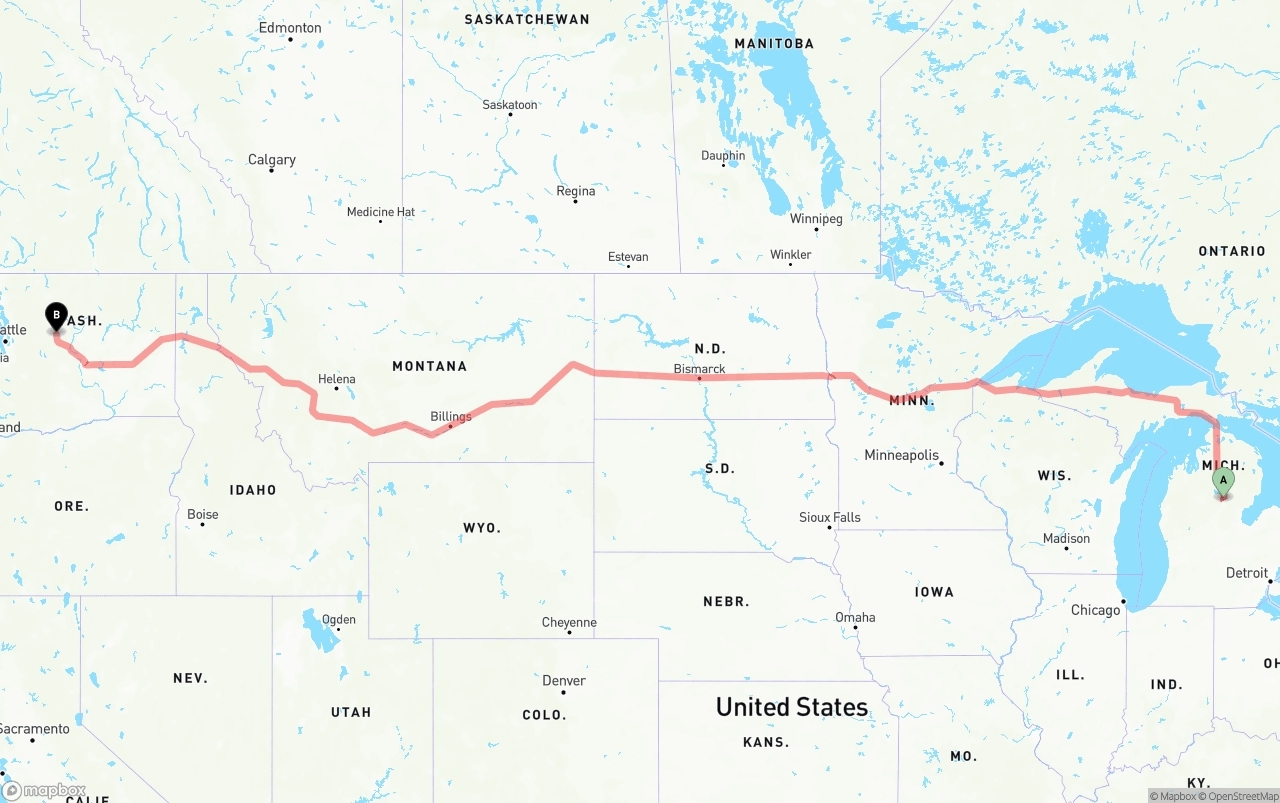 Shipping route from Michigan to Washington