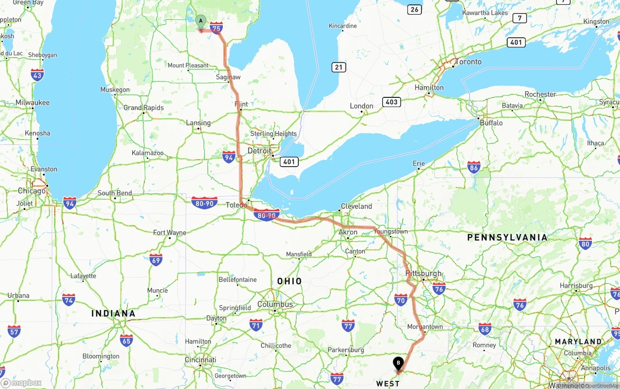 Shipping route from Michigan to West Virginia