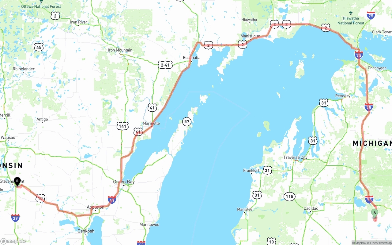 Shipping route from Michigan to Wisconsin