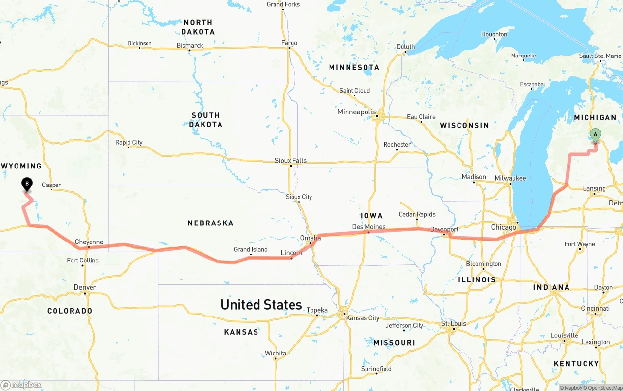 Shipping route from Michigan to Wyoming