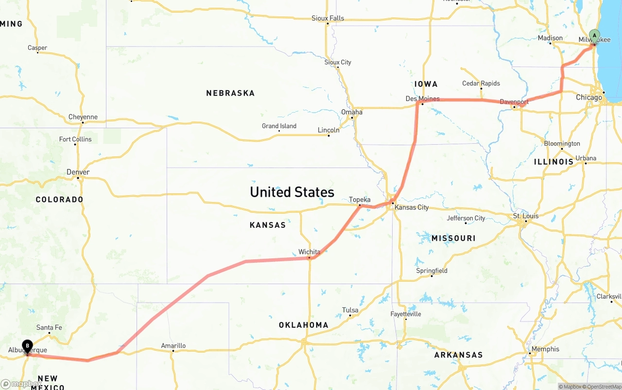 Shipping route from Milwaukee to Albuquerque